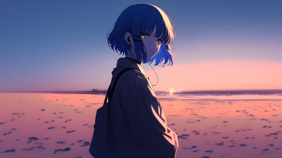 二次元插画，蓝发戴耳机少女站在日落浅滩海岸，冷蓝天空与暖粉橙夕照渐变，海平面浮着夕阳光斑。
