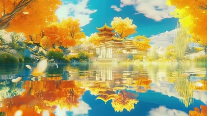 秋日金黄湖畔辉煌古建