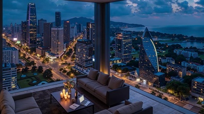 俯瞰城市与海湾夜景