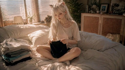 慵懒卧室猫耳白发美少女