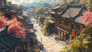 远眺唯美古风小镇街景