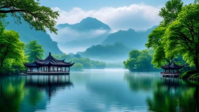 护眼绿色山水亭子