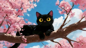 樱枝上的黑猫