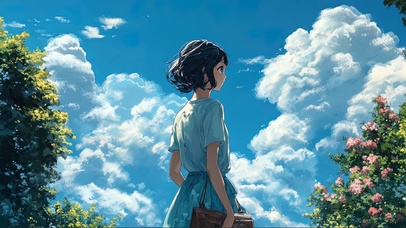 蓝天白云清新旅行少女