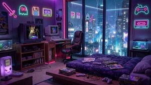 科技雨夜霓虹游戏房间
