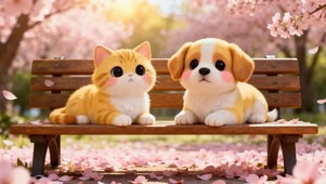 樱花树下猫咪与狗