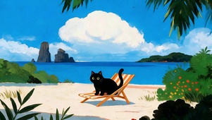沙滩悠闲黑猫
