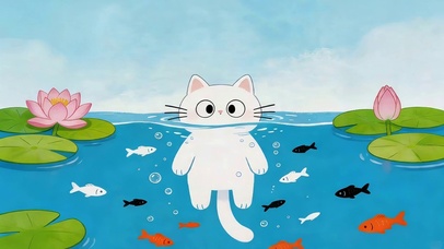 池塘小白猫