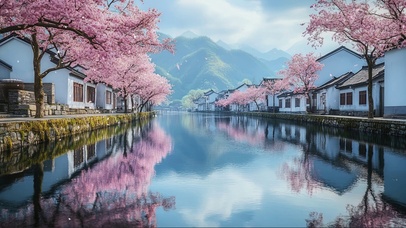 水乡春日河道两岸建筑