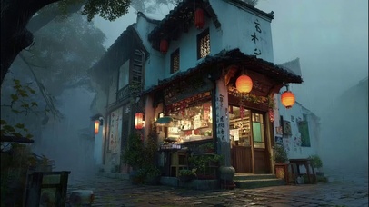 傍晚朦胧清冷古城商店