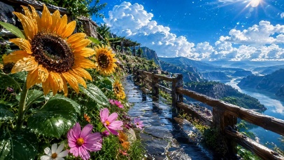雨后山间向日葵花径风景