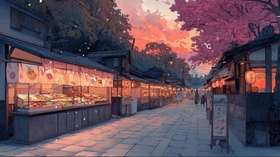 黄昏落日日式樱花集市