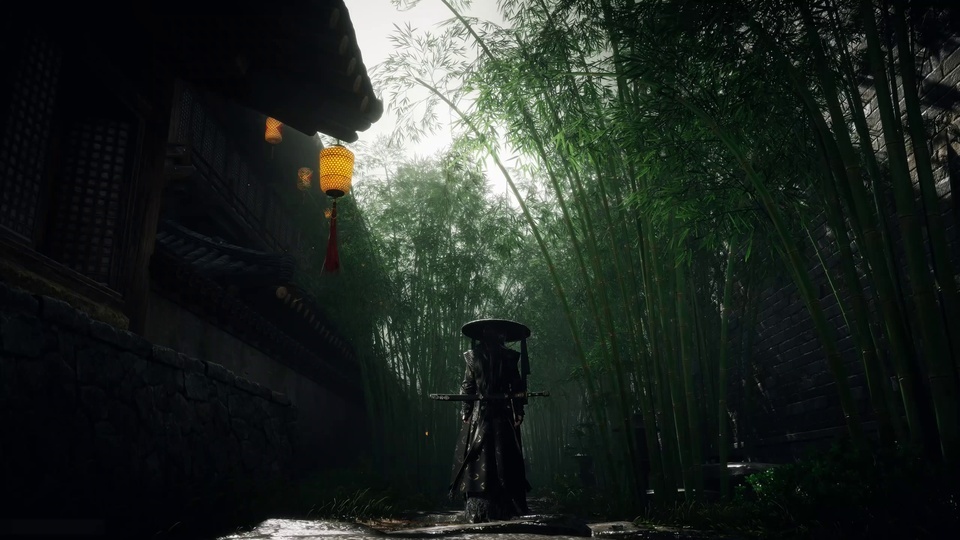 竹林夹道的古巷尽头，立着一位戴斗笠的黑衣剑客，檐下灯笼透出暖黄微光。
