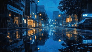 城市蓝调静谧雨夜街道