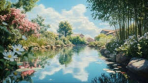 春日竹林湖畔唯美绿植