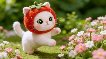 番茄帽的毛绒小猫