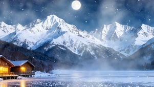 雪景树木房屋河流双屏