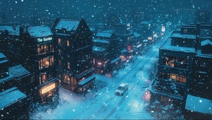 俯瞰夜晚城市冬日飘雪