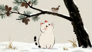 雪景中猫咪和麻雀