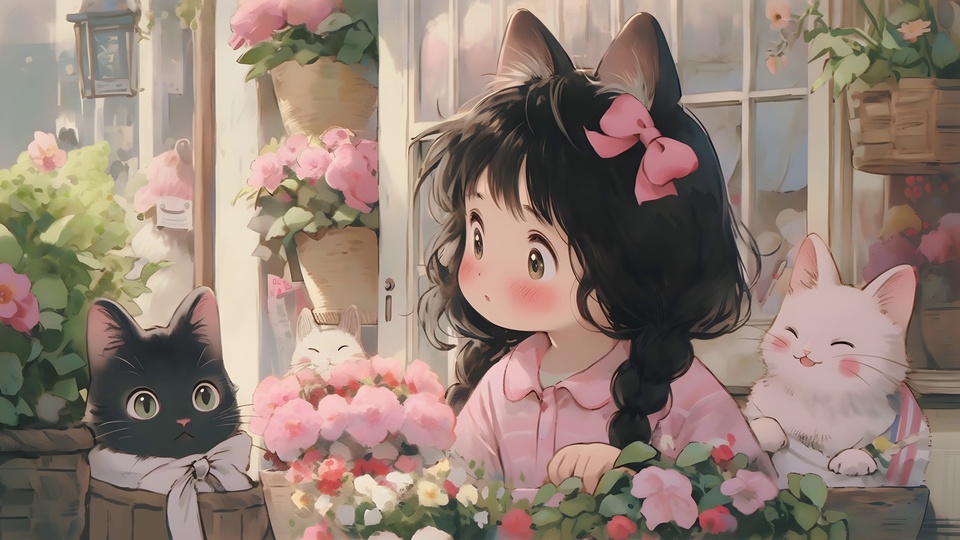 花窗边的猫耳少女与黑白花猫簇拥在盛放的粉红花丛旁