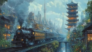 阴天山林古城蒸汽火车