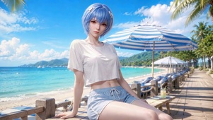 夏日海边蓝发少女