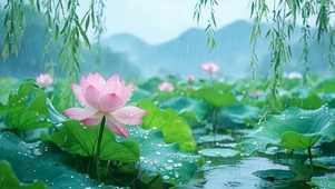 雨天池塘荷花