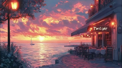 海边晚霞黄昏酒馆风景