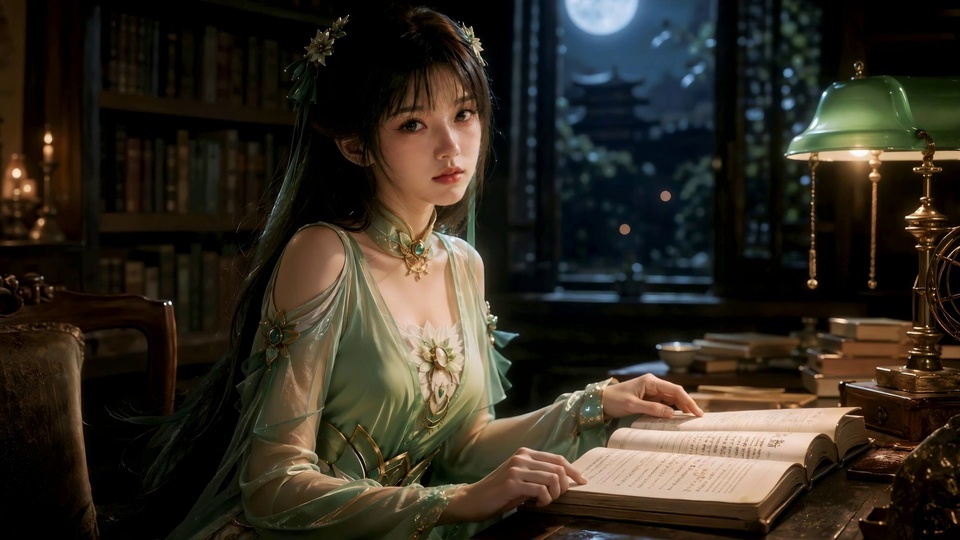 古风绿衣少女在月夜书房临书，暖绿台灯映着窗外满月