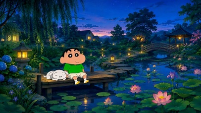 蜡笔小新夏夜荷塘治愈夜景
