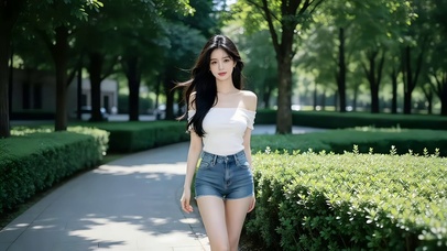 公园小径优雅走近的长发美女
