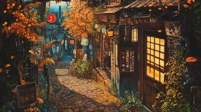 秋日绚丽日式小镇街道