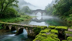 雾染青山古桥溪流