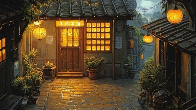 傍晚古城温馨商店民居