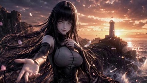 夕阳海边二次元黑发美少女