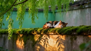 墙头黄昏 酣睡的三花猫