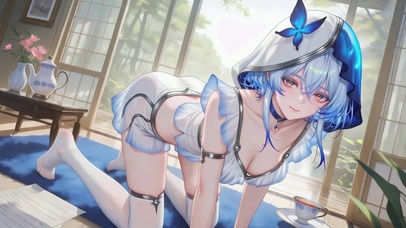 窗边蓝发清纯二次元美少女