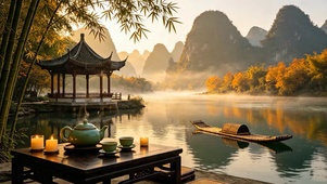 秋天山水亭子