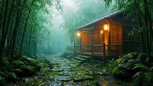 幽静竹林木屋