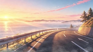 晨雾日出海边公路治愈唯美天空