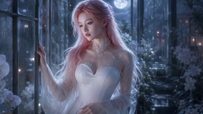 雨夜窗边粉发温柔美少女
