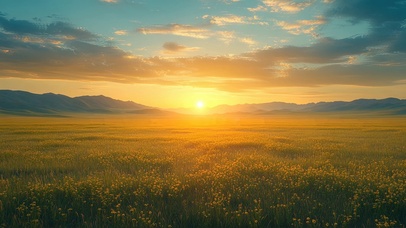 清新落日黄花草原