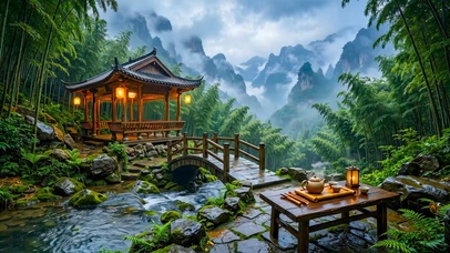 国风高山云雾竹林木屋