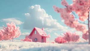 简约房屋樱花树木