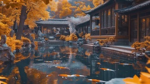 秋日锦鲤鱼池古风庭院