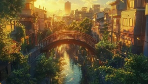 朦胧黄昏溪流河岸城市