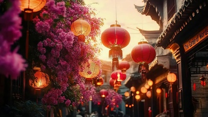 古城小镇夕阳灯笼街道