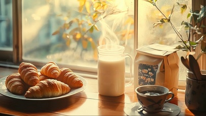 窗台温馨热气腾腾早餐