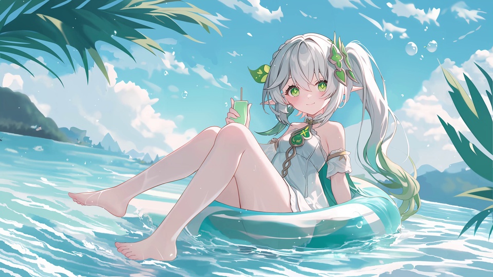 晴朗白日的蓝海边，纳西妲坐在蓝白条纹充气游泳圈上手持绿色饮品，身旁海面飘着浮板与小船，上方是澄澈蓝天。