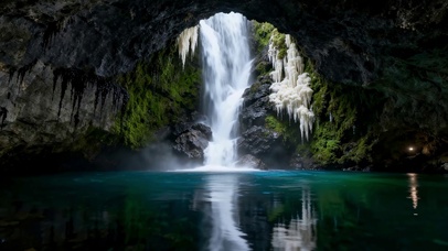 隐秘洞穴瀑布蓝湖美景